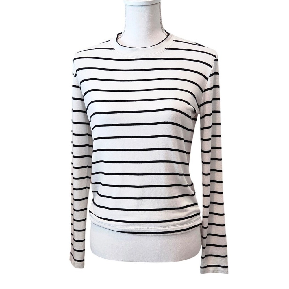Bleusalt Malibu Striped Crew Neck Long Sleeve Top White Black Coastal Size 0